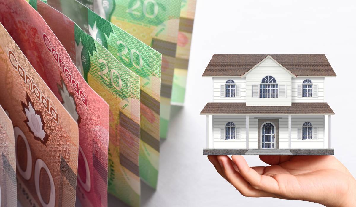Cash on the left side and a hand holding a model of a house on a white background